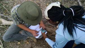 students inspecting lizard